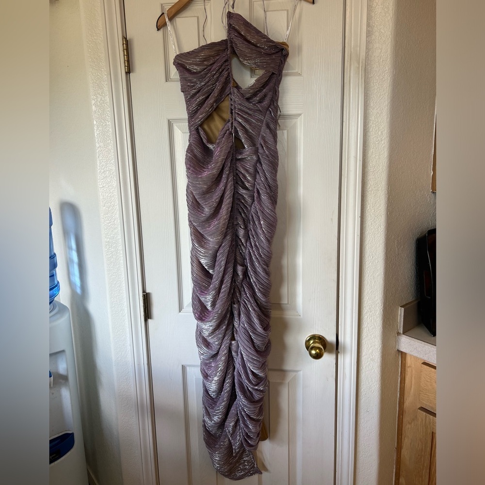 Miss Circle PARRIS LAVENDER METALLIC CUTOUT RUCHED CHIFFON MAXI DRESS Medium - Picture 6 of 11